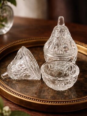 Vintage Glass Trinket Boxes Set of 2 Lidded Vanity Jars Sparkly Starburst Pair